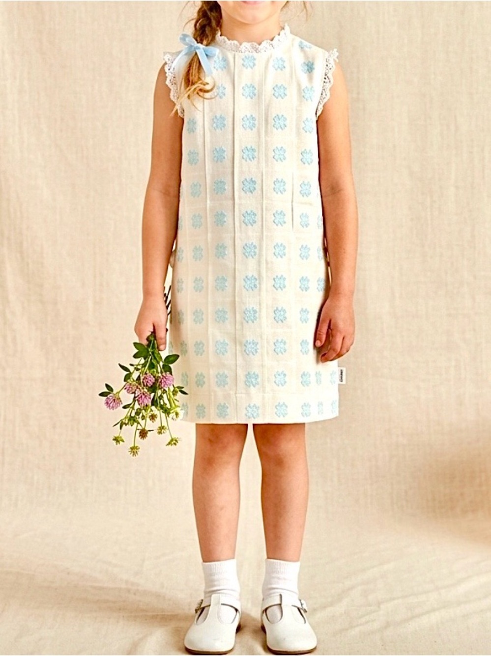 Vintage Ever-Press Alyssa 70s Sleeveless Ivory& Blue Clover Shift Dress Girls XL